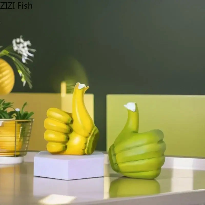 Modern yellow banana fist resin statue desk ornament with green and white ceramic thumbs-up hand design