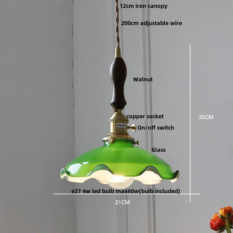 Modern yellow conical pendant light with decorbites copper knob and green glass with walnut-finished iron canopy copper knob iron