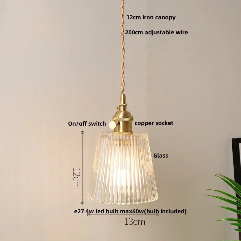 Modern yellow conical pendant light with decorbites copper knob iron canopy and clear ribbed glass shade for kitchens