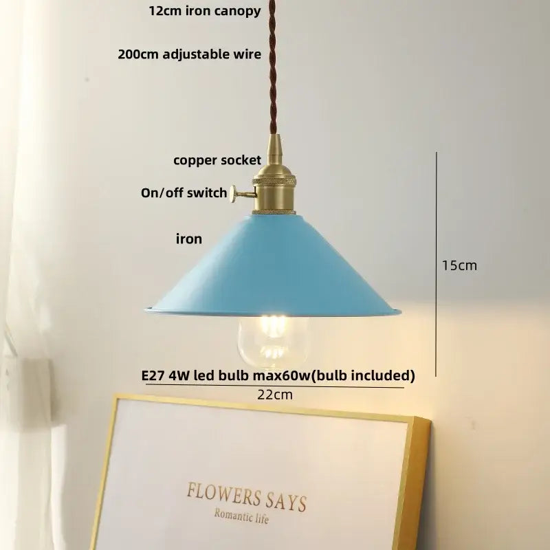 Modern yellow iron lampshade led pendant light with light blue decorbites iron lampshade and copper socket