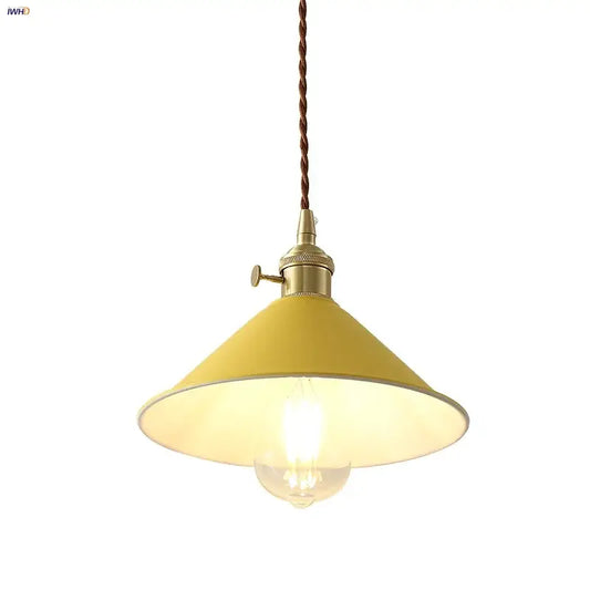 Modern yellow iron lampshade led pendant light with brass hardware and twisted brown cord for kitchen decorbites iron lampshade