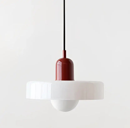 Minimalist pendant light with matte red top and white fluted glass shade for modern yellow and olive green chandelier pendant light