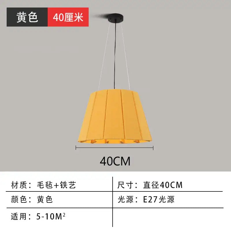 Modern yellow pleated fabric felt pendant light with iron frame 40cm diameter ideal as dining room pendant light