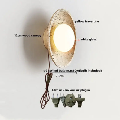 Modern yellow stone led wall lamp with textured travertine and wood canopy and white glass center for bedroom use