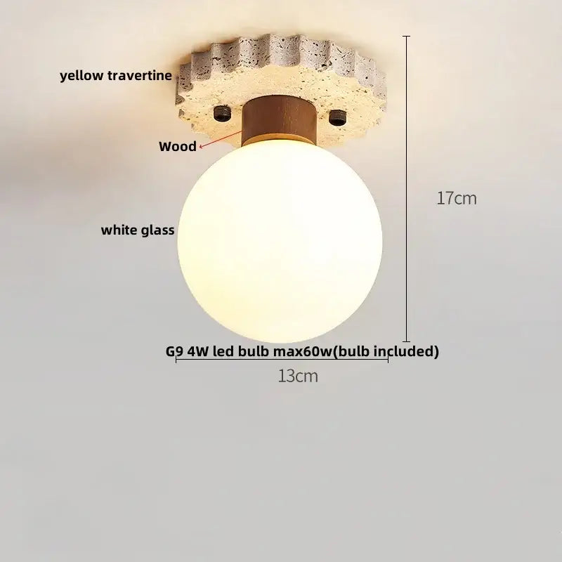 Modern yellow travertine led wood ceiling light with a rounded white glass globe for bedroom decor