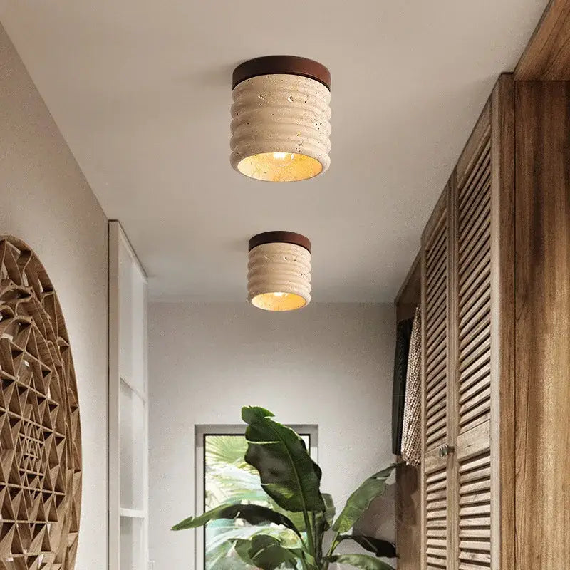 Two beige ribbed ceramic ceiling lights with dark brown wooden tops modern yellow travertine decorbites led wood design