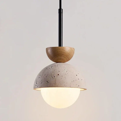 Minimalist pendant lights with textured concrete dome wooden accent and frosted glass globe for kitchen island decorbites yellow travertine