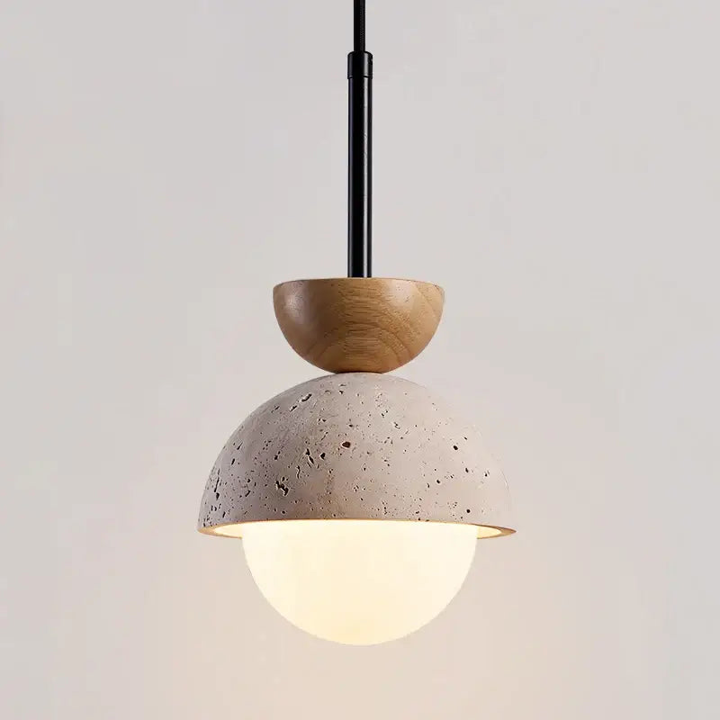 Minimalist pendant lights with textured concrete dome wooden accent and frosted glass globe for kitchen island decorbites yellow travertine