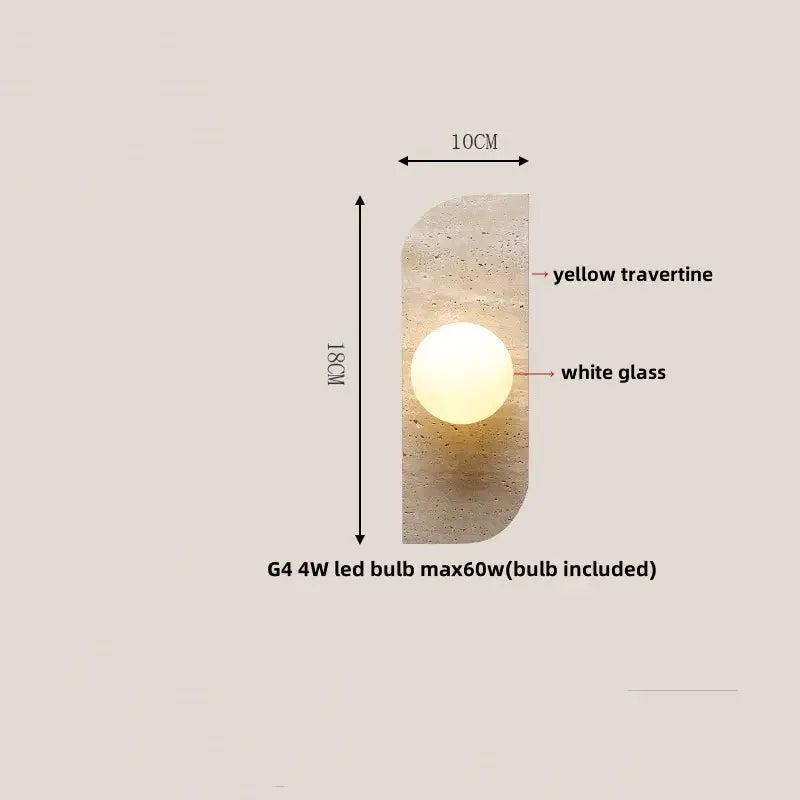 Modern yellow travertine led wall lamp with white glass sphere and warm glow for bedroom lighting fixture