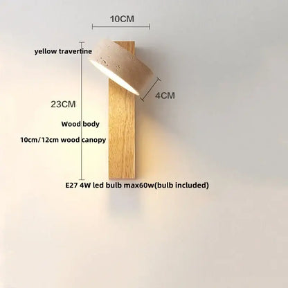 Modern yellow travertine led wall lamp with natural wood body and e27 4w led bulb for bedroom lighting