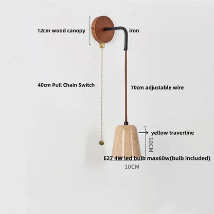 Modern yellow travertine wall lamp with wooden canopy and black iron arm featuring decorbites led yellow bulb