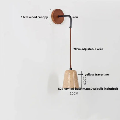 Modern wall lamp with 12cm wooden canopy black iron arm and yellow travertine shade decorbites led yellow stair light