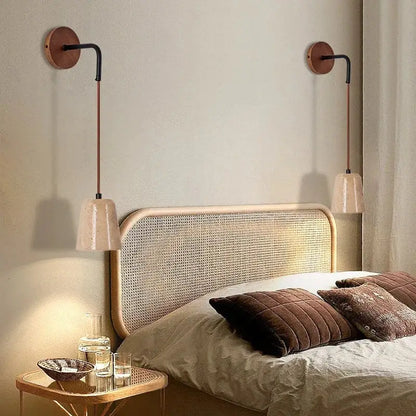 Pair of modern wall lamps with copper bases black arms and off-white ceramic shades for bedroom stair light decorbites led yellow