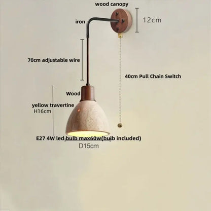 Modern yellow travertine wall lamp with wooden canopy iron arm and e27 led bulb for bedroom stair light decorbites led yellow