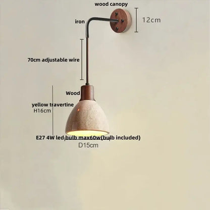 Rustic industrial wall lamp with wooden canopy iron arm and yellow travertine shade decorbites led yellow bedroom stair light