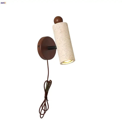 Modern yellow travertine led wall sconce with cream speckled cylindrical design and dark brown base for bedroom decorbites led wall use