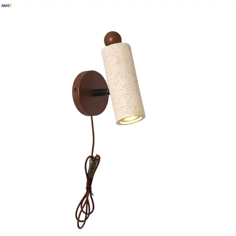 Modern yellow travertine led wall sconce with cream speckled cylindrical design and dark brown base for bedroom decorbites led wall use