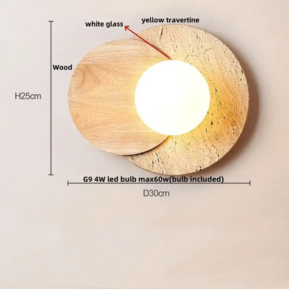Modern yellow travertine square led wall lamp sconce with layered natural wood and white glass design for stair lighting