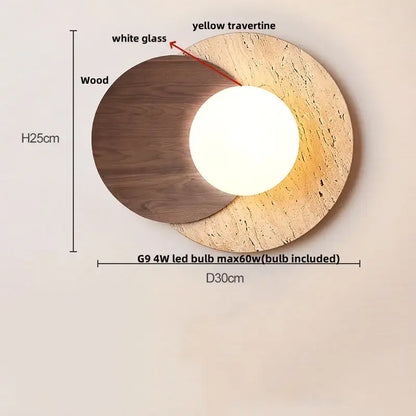 Modern yellow travertine square led wall lamp sconce with warm white glass bulb framed by dark wood for stair lighting