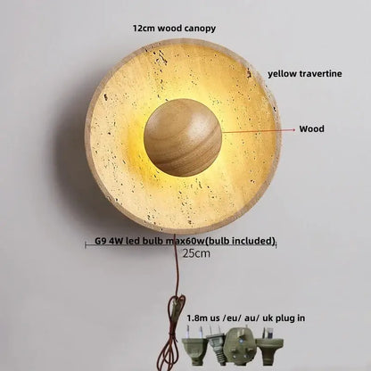 Modern yellow travertine led wall lamp sconce with a 12cm wood canopy and central wooden sphere wall lamp design