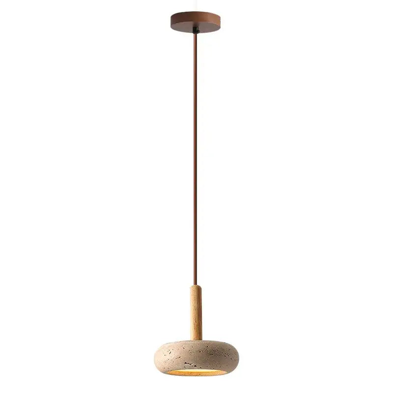 Modern pendant light with yellow travertine stone shade and warm wooden stem, ideal for kitchen island lighting