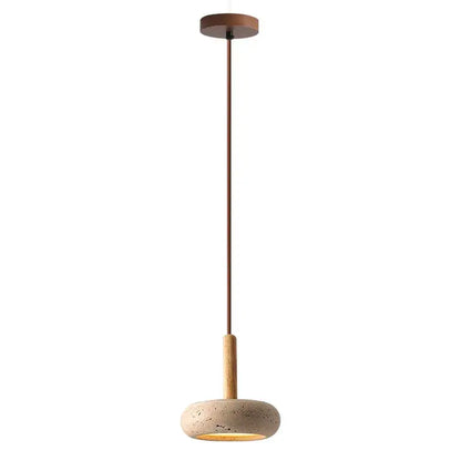 Modern pendant light with yellow travertine stone shade and warm wooden stem, ideal for kitchen island lighting