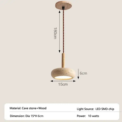 Modern yellow travertine stone pendant light with a round textured cave stone shade and wooden accents for kitchen island