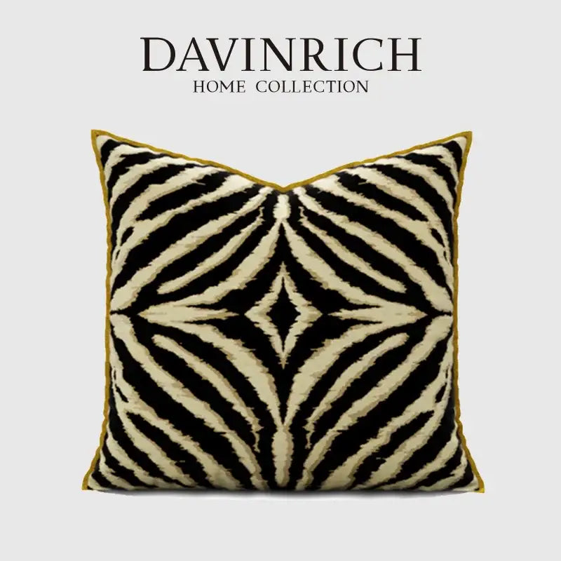 Modern zebra pattern pillow cover with black and cream stripes and mustard-yellow border for decorbites gold zebra decor