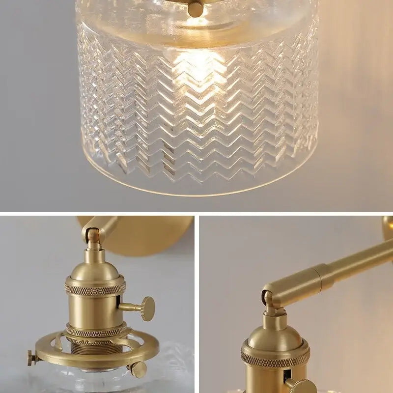 Modern wall lamp featuring a clear green glass led pendant with textured chevron pattern and brass-finished hardware
