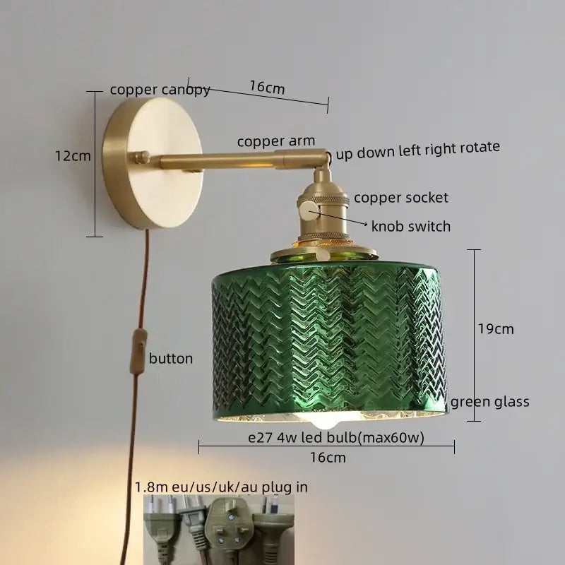 Modern zigzag green glass led wall lamp with copper finish and textured design for bedroom brass light