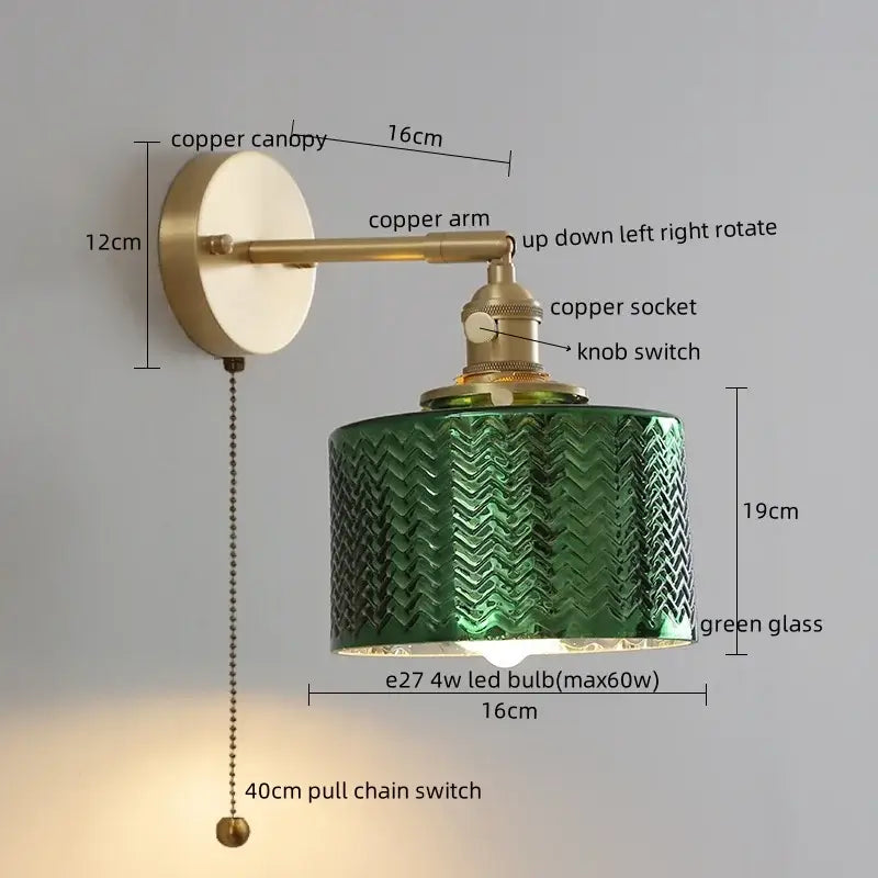 Modern zigzag green glass led wall lamp with copper finish and textured design for bedroom brass light