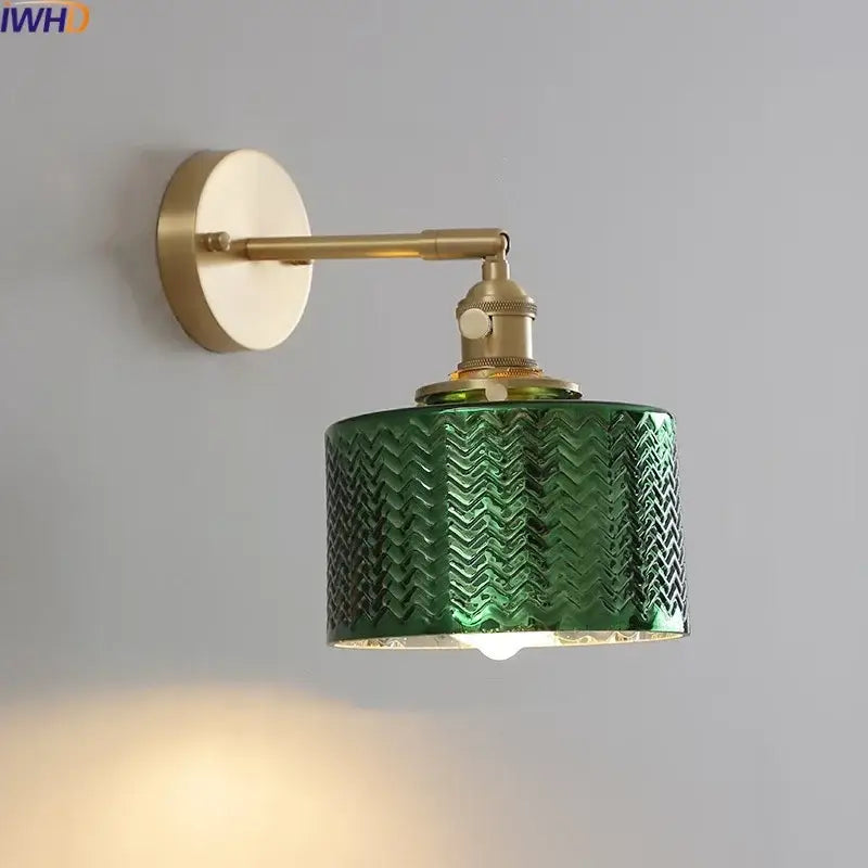 Modern zigzag green glass led wall lamp mounted on brass arm and plate for bedroom lighting