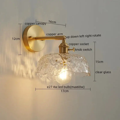Vintage-style copper wall lamp with textured clear glass shade paired with modern zigzag green glass led bedroom light