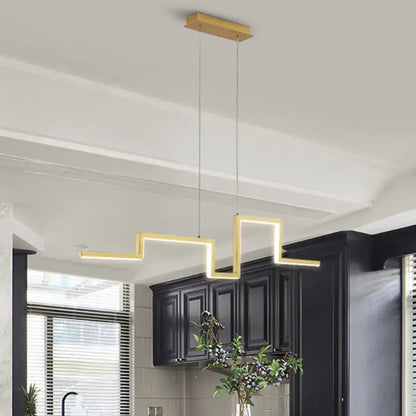 Modern gold zigzag linear metal hanging light fixture with sleek metallic finish for dining room use