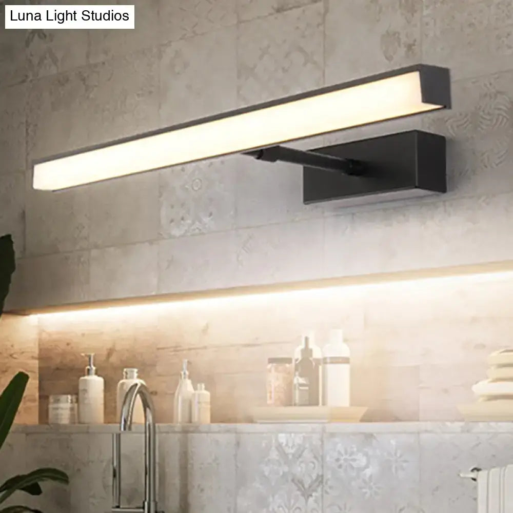 Modernist black metal linear vanity sconce with sleek rectangular design and warm white led illumination for bathroom use