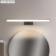 Modern black and silver metal linear vanity sconce with a sleek minimalist design for bathroom lighting