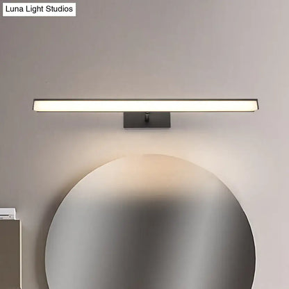 Modern black and silver metal linear vanity sconce with a sleek minimalist design for bathroom lighting