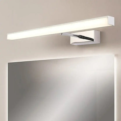 Modernist black and silver metal linear vanity sconce with chrome-finished rectangular led bathroom mirror light