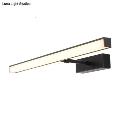 Modernist black metal linear vanity sconce with sleek rectangular design and warm white led light for bathrooms