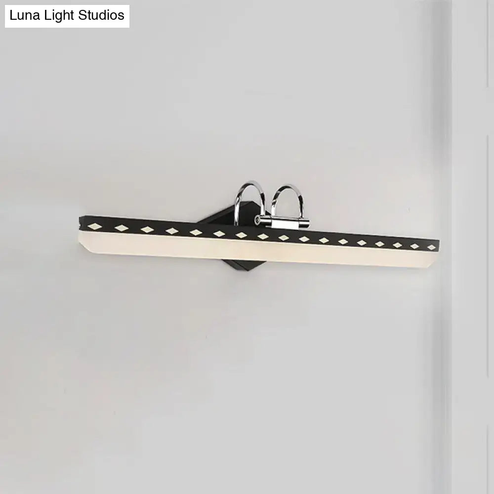 Modern black and chrome led vanity light with curved arm and diamond cutouts for natural light bathroom use