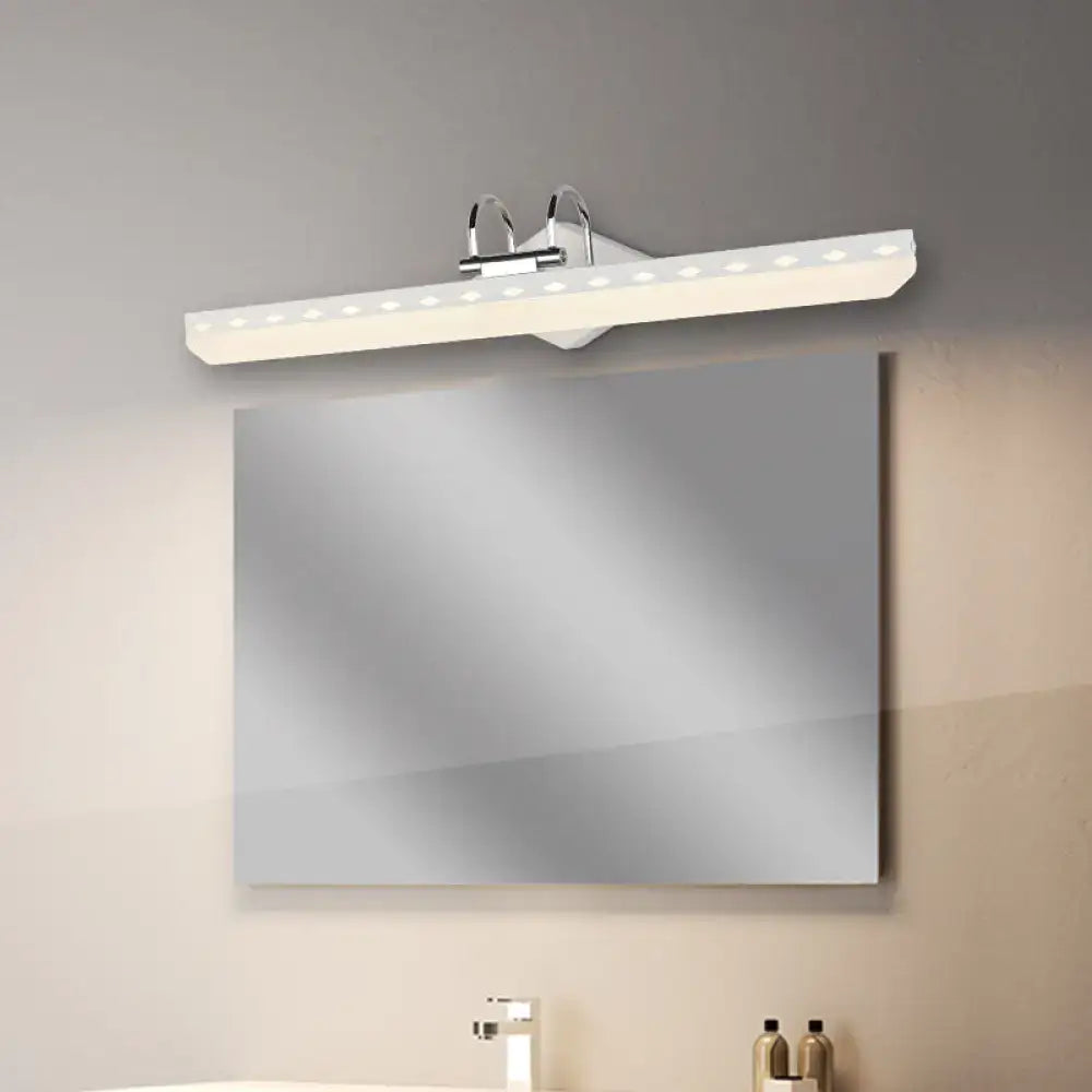 Modern white led vanity light with curved arm and chrome finish providing natural light for bathroom use