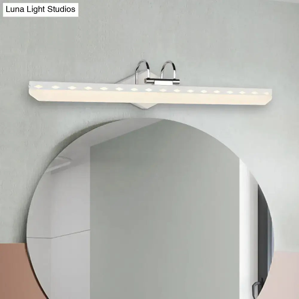 Modern white led vanity light with chrome brackets featuring a curved arm design for natural light in black white style