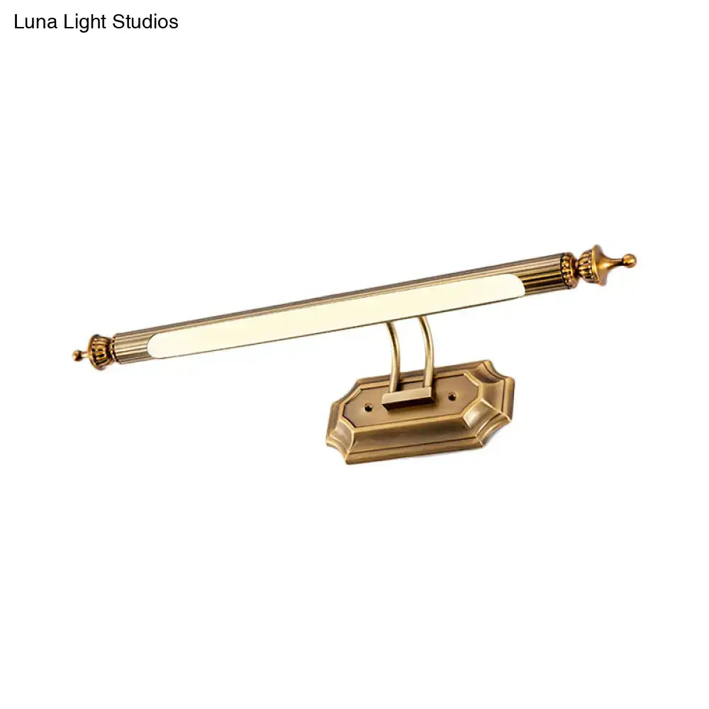 Antique brass-finished led vanity light fixture with sleek elongated design and ornate finials for bathroom use