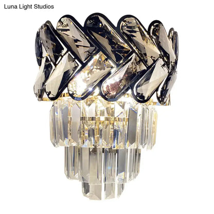 Modernist chrome and crystal wall sconce with braided dark gray and clear crystal elements for family room