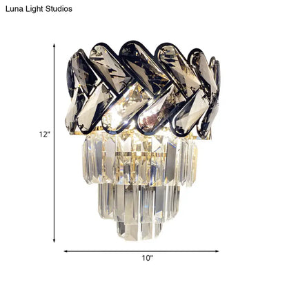 Modernist chrome and crystal wall sconce with braided dark smoked and clear faceted crystals for family room use
