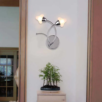 Modern wall lamp with chrome finish and frosted glass shades featuring two curved arms for 220v-240v use