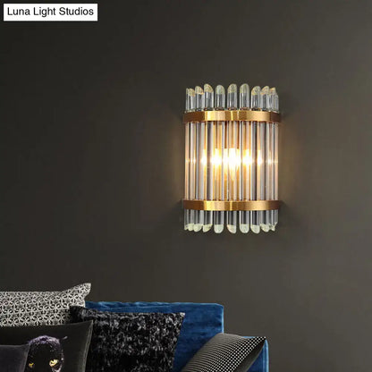 Modernist clear crystal wall sconce with gold finish vertical glass tubes and crystal accents for living room lighting