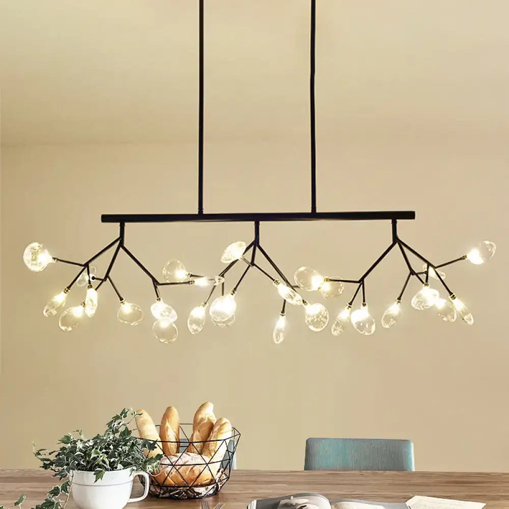 Black metal firefly hanging island chandelier with branching arms and clear modernist glass globe bulbs in black gold