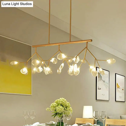 Gold-toned DecorBites™ firefly hanging island modernist clear glass dining table ceiling pendant with branching arms and globe bulbs