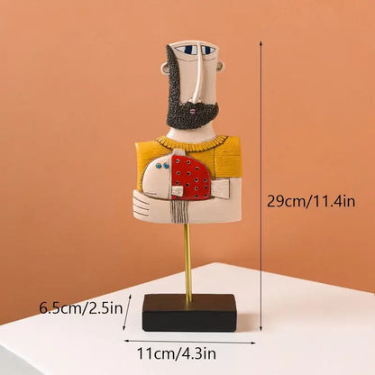 Abstract ceramic people statue figure of a bearded man in yellow sweater holding a red polka-dotted fish for modern decorbites abstract people collection